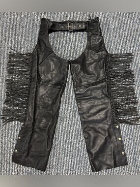 Black Leather King Fringe Motorcycle Chaps - Size S